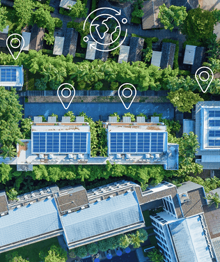 Aerial view of residential area with solar panels