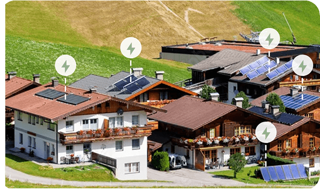 Swiss village with solar panels showing peer-to-peer energy network